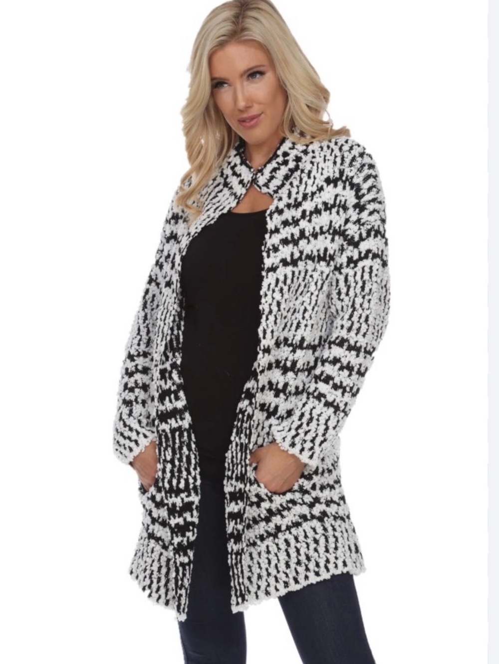 Simply Couture Women's Cardigan Sweater L Black White Casual Open Cozy